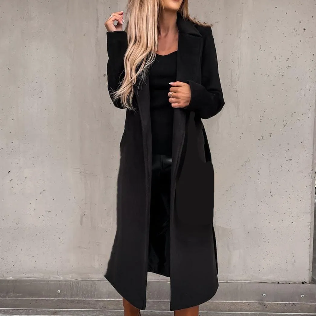 Fall Cardigan for Women 2022 Solid Lapel Collar Trench Coat Open Front Mid Length Wool Blend Coat Elegant Pea Coat