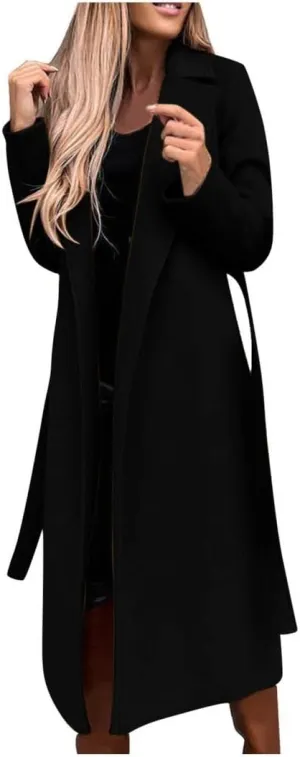 Fall Cardigan for Women 2022 Solid Lapel Collar Trench Coat Open Front Mid Length Wool Blend Coat Elegant Pea Coat