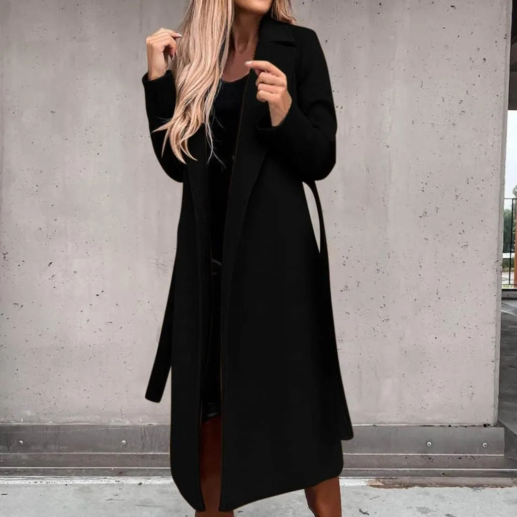 Fall Cardigan for Women 2022 Solid Lapel Collar Trench Coat Open Front Mid Length Wool Blend Coat Elegant Pea Coat
