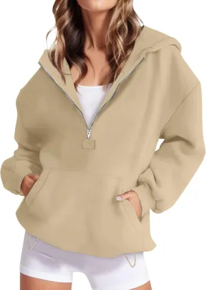 Fall Casual Hoodies for Women Casual Loose Quarter Zip Up Hooded Long Sleeve Pullovers Solid Color Workout Sweatshirt