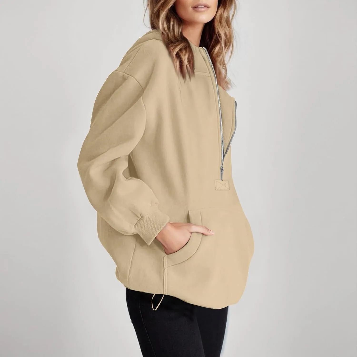 Fall Casual Hoodies for Women Casual Loose Quarter Zip Up Hooded Long Sleeve Pullovers Solid Color Workout Sweatshirt
