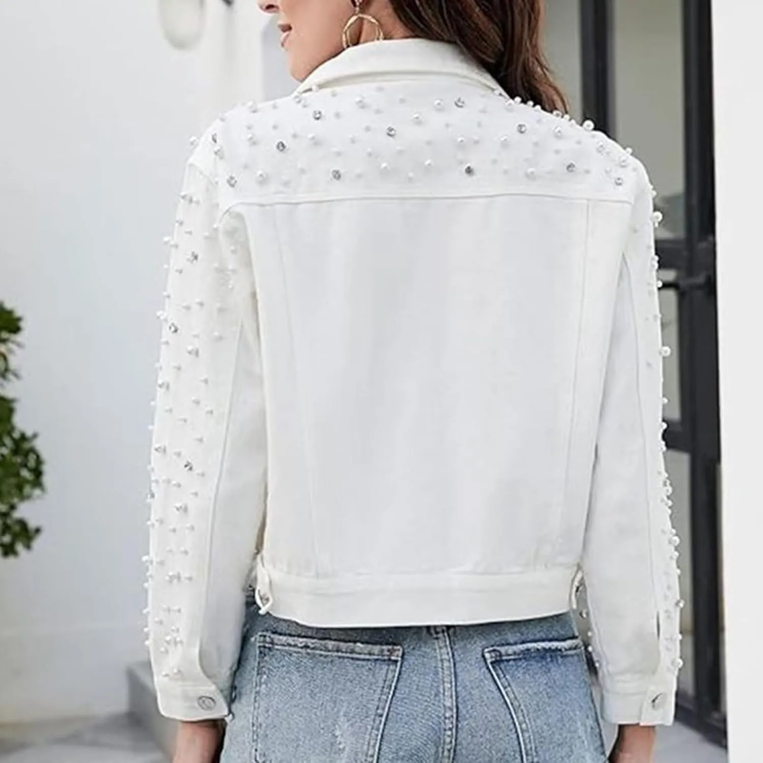FantasyGears Women's Pearls Denim Jacket Rhinestones Jean Jackets Spring Clothes Crop Jean Jacket for Women