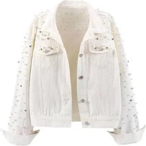 FantasyGears Women's Pearls Denim Jacket Rhinestones Jean Jackets Spring Clothes Crop Jean Jacket for Women