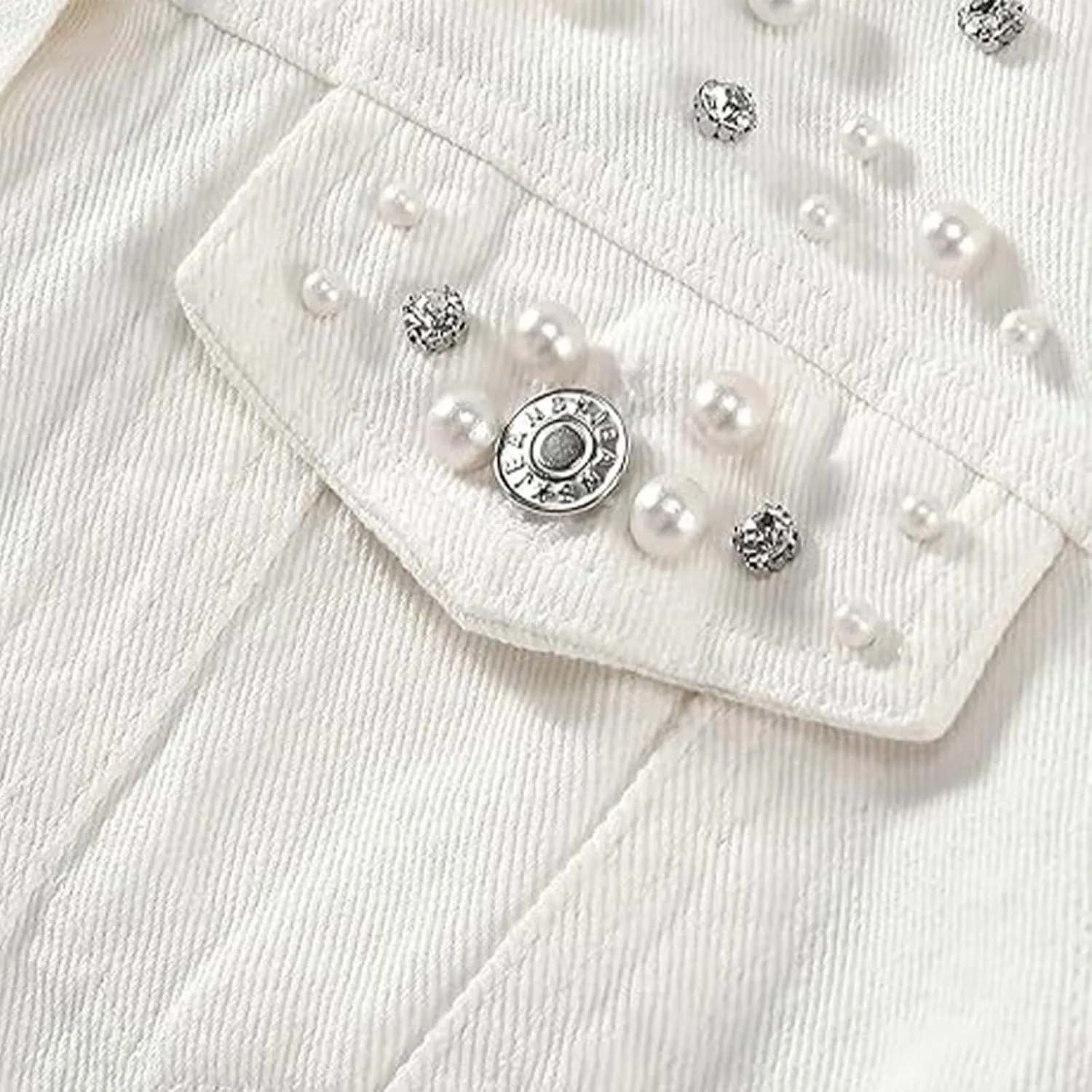 FantasyGears Women's Pearls Denim Jacket Rhinestones Jean Jackets Spring Clothes Crop Jean Jacket for Women