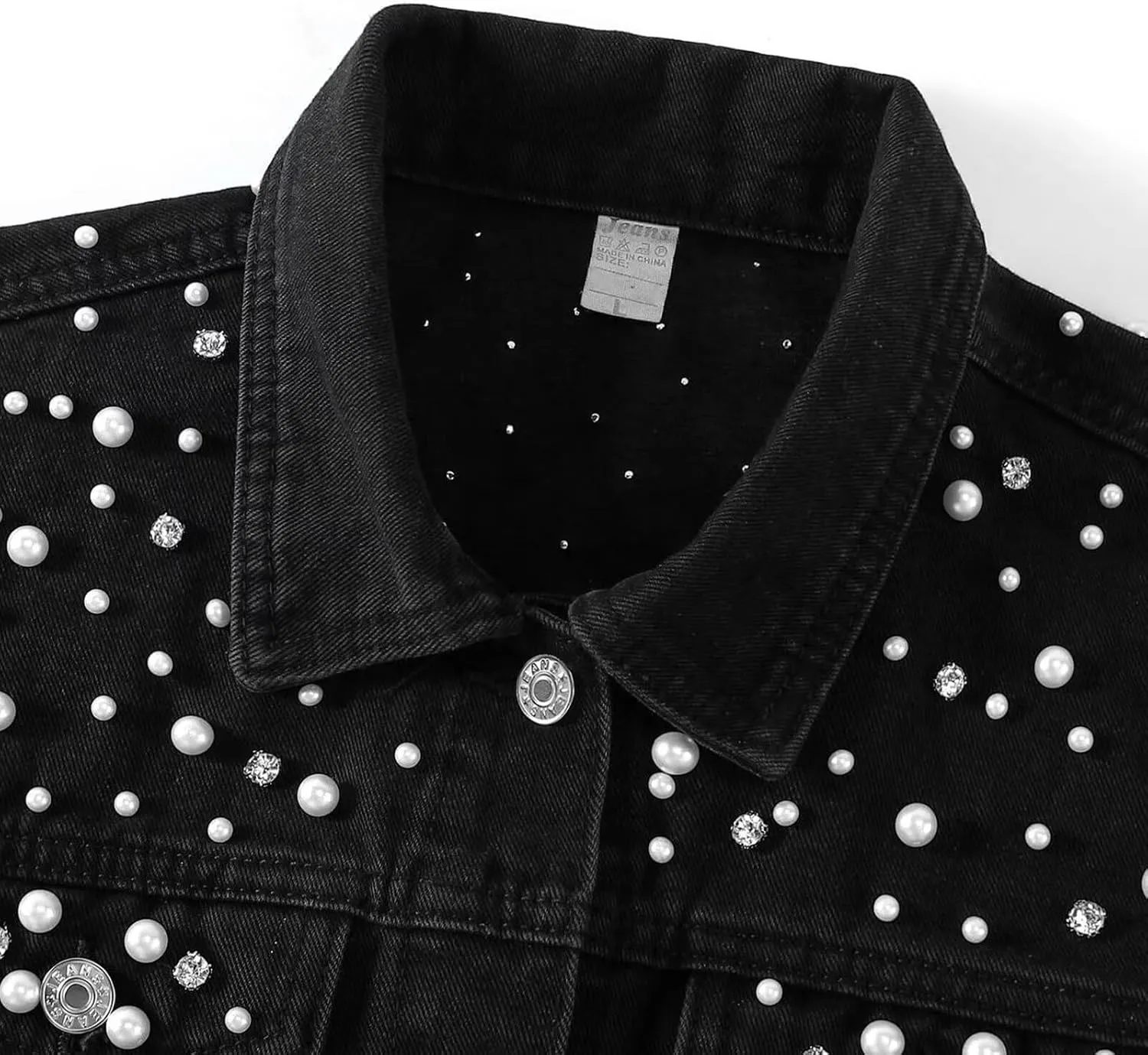 FantasyGears Women's Pearls Denim Jacket Rhinestones Jean Jackets Spring Clothes Crop Jean Jacket for Women
