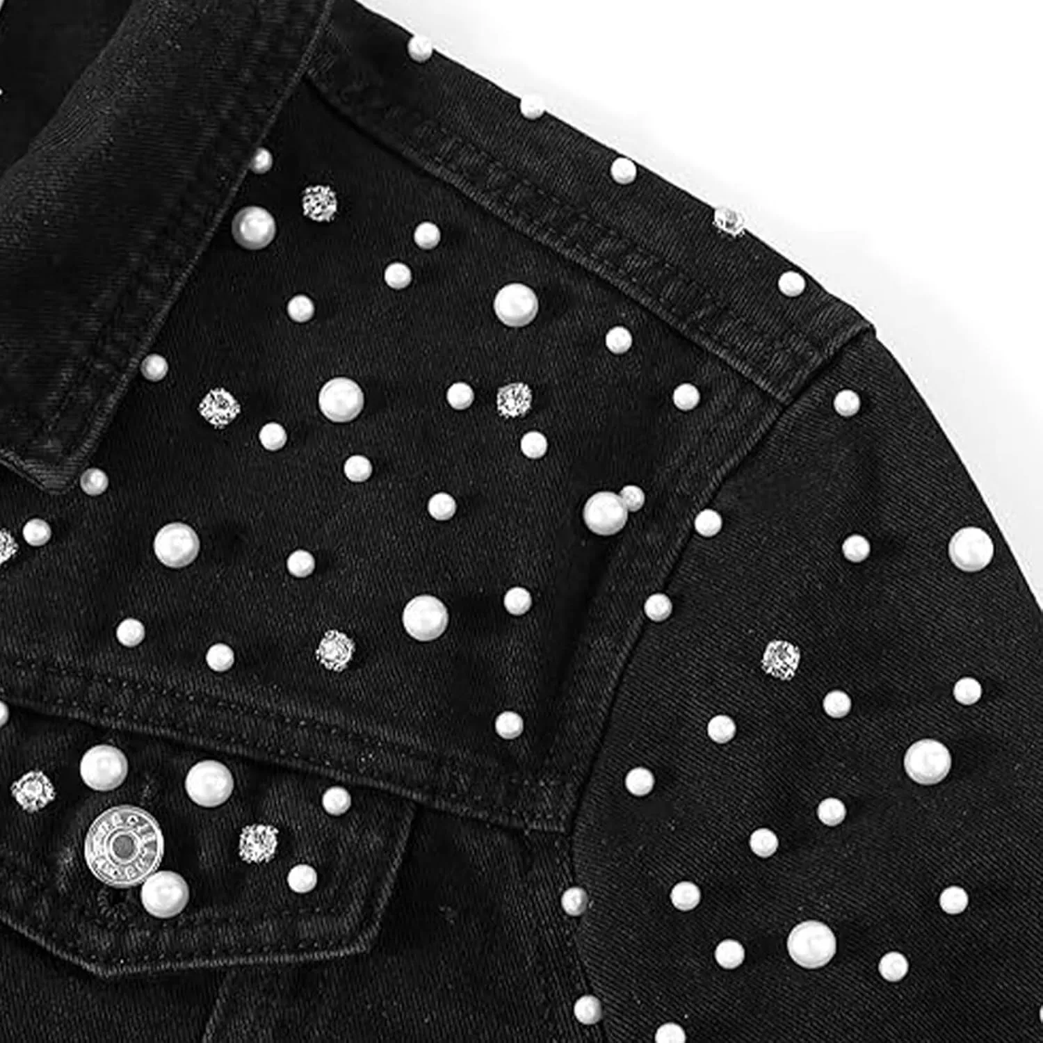 FantasyGears Women's Pearls Denim Jacket Rhinestones Jean Jackets Spring Clothes Crop Jean Jacket for Women