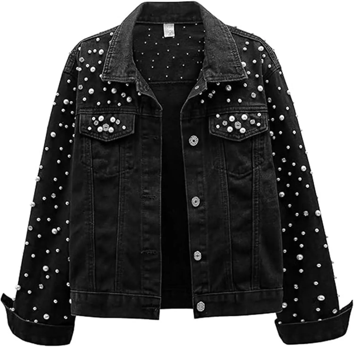 FantasyGears Women's Pearls Denim Jacket Rhinestones Jean Jackets Spring Clothes Crop Jean Jacket for Women