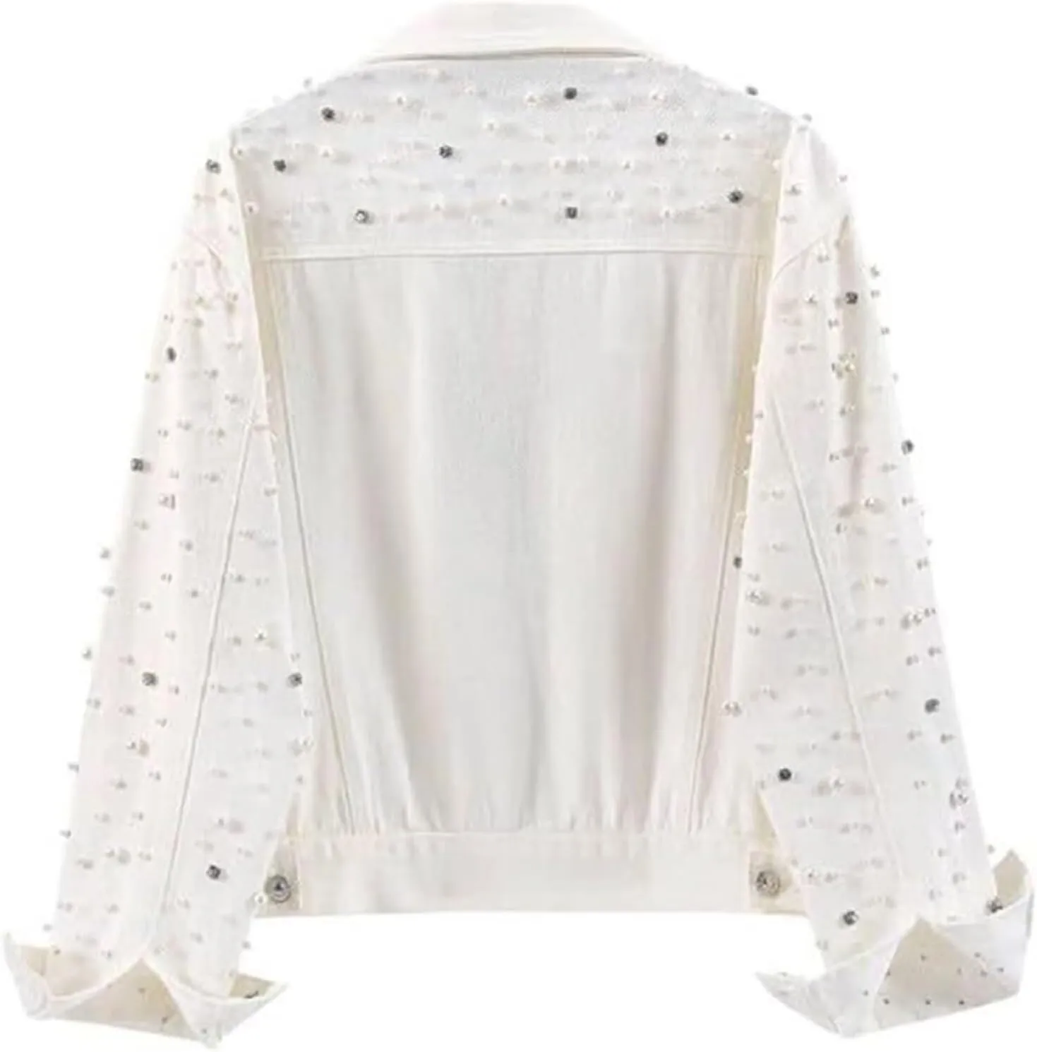FantasyGears Women's Pearls Denim Jacket Rhinestones Jean Jackets Spring Clothes Crop Jean Jacket for Women