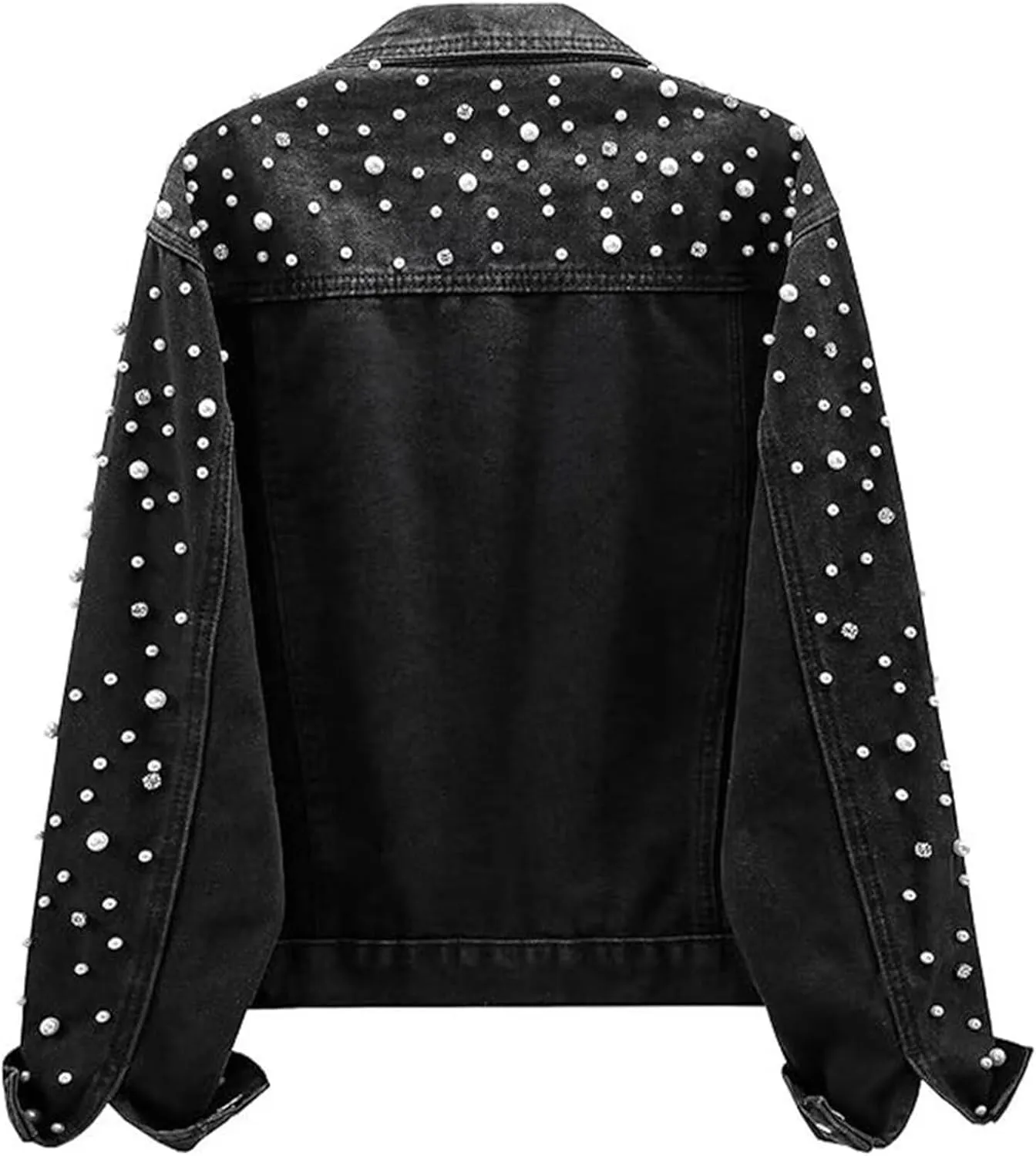 FantasyGears Women's Pearls Denim Jacket Rhinestones Jean Jackets Spring Clothes Crop Jean Jacket for Women