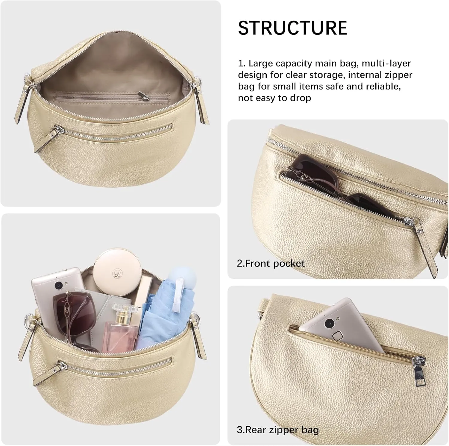 Fashion Leather Crossbody Small Sling Bags Fanny Pack Crossbody Bags Purses Gifts for Women Teen Girls Travel (Gold)