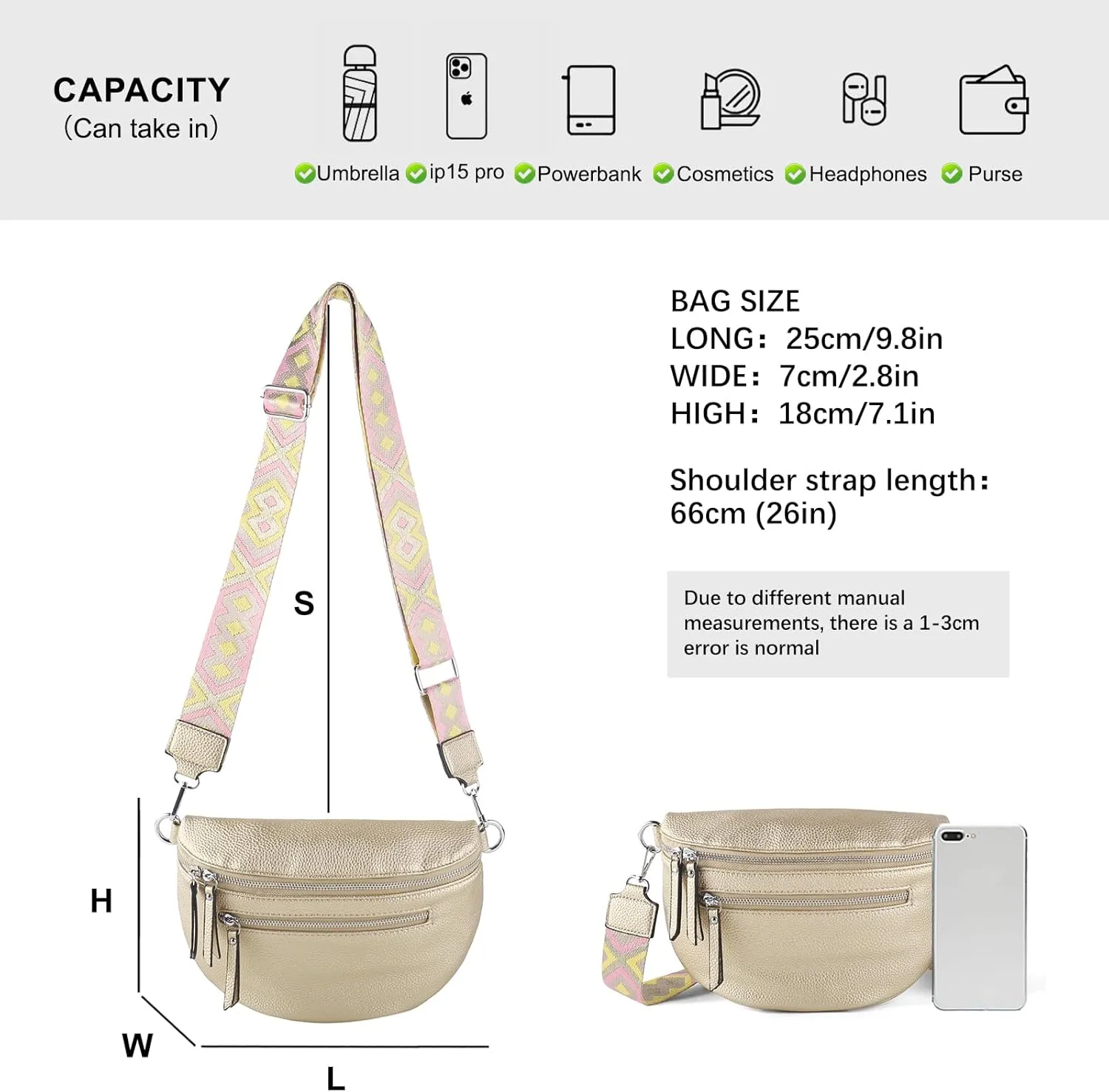 Fashion Leather Crossbody Small Sling Bags Fanny Pack Crossbody Bags Purses Gifts for Women Teen Girls Travel (Gold)