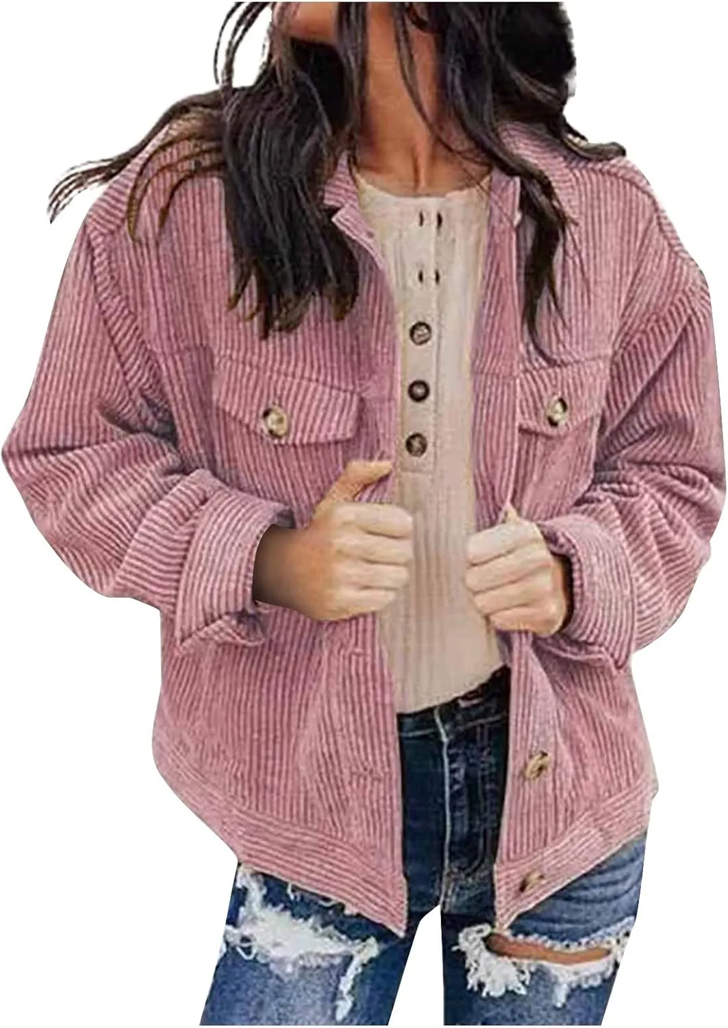 Febecool Coats For Women Casual Button Cardigan Casual Jacket Flannel Jacket Women Mid-length Pocket Coat Button Slim Jacket