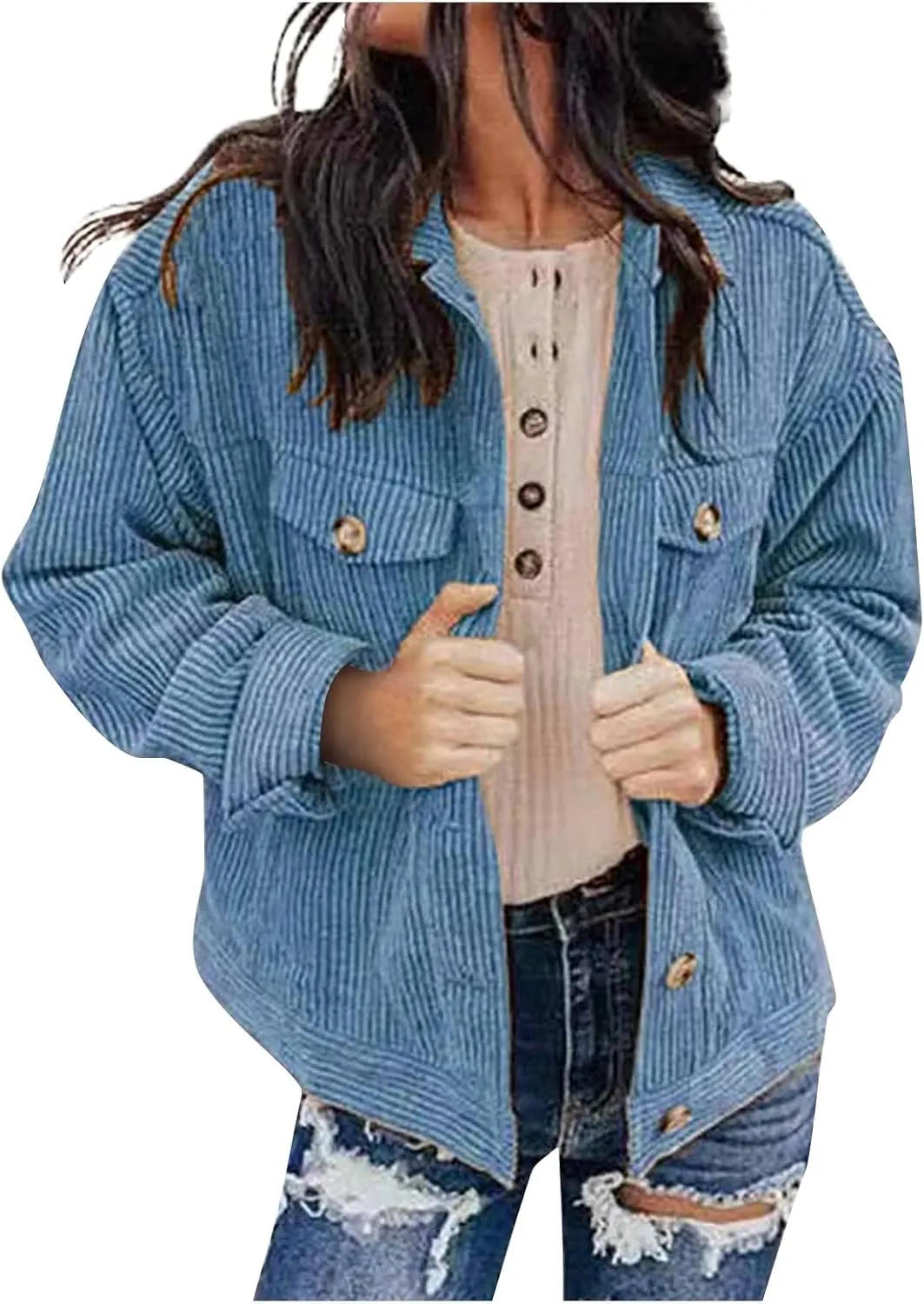 Febecool Coats For Women Casual Button Cardigan Casual Jacket Flannel Jacket Women Mid-length Pocket Coat Button Slim Jacket
