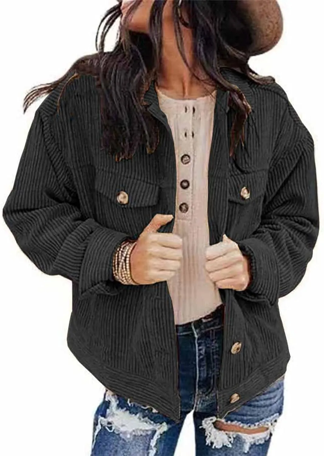 Febecool Coats For Women Casual Button Cardigan Casual Jacket Flannel Jacket Women Mid-length Pocket Coat Button Slim Jacket