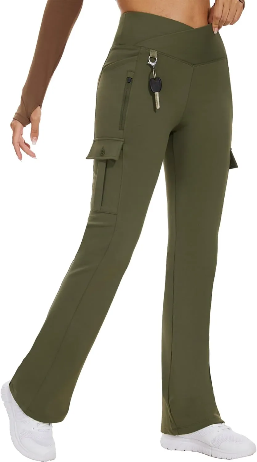 Flare Leggings for Women Yoga Crossover High Waist Pants with Tummy Control Workout Cargo with 5 Pockets Bootcut Leggings