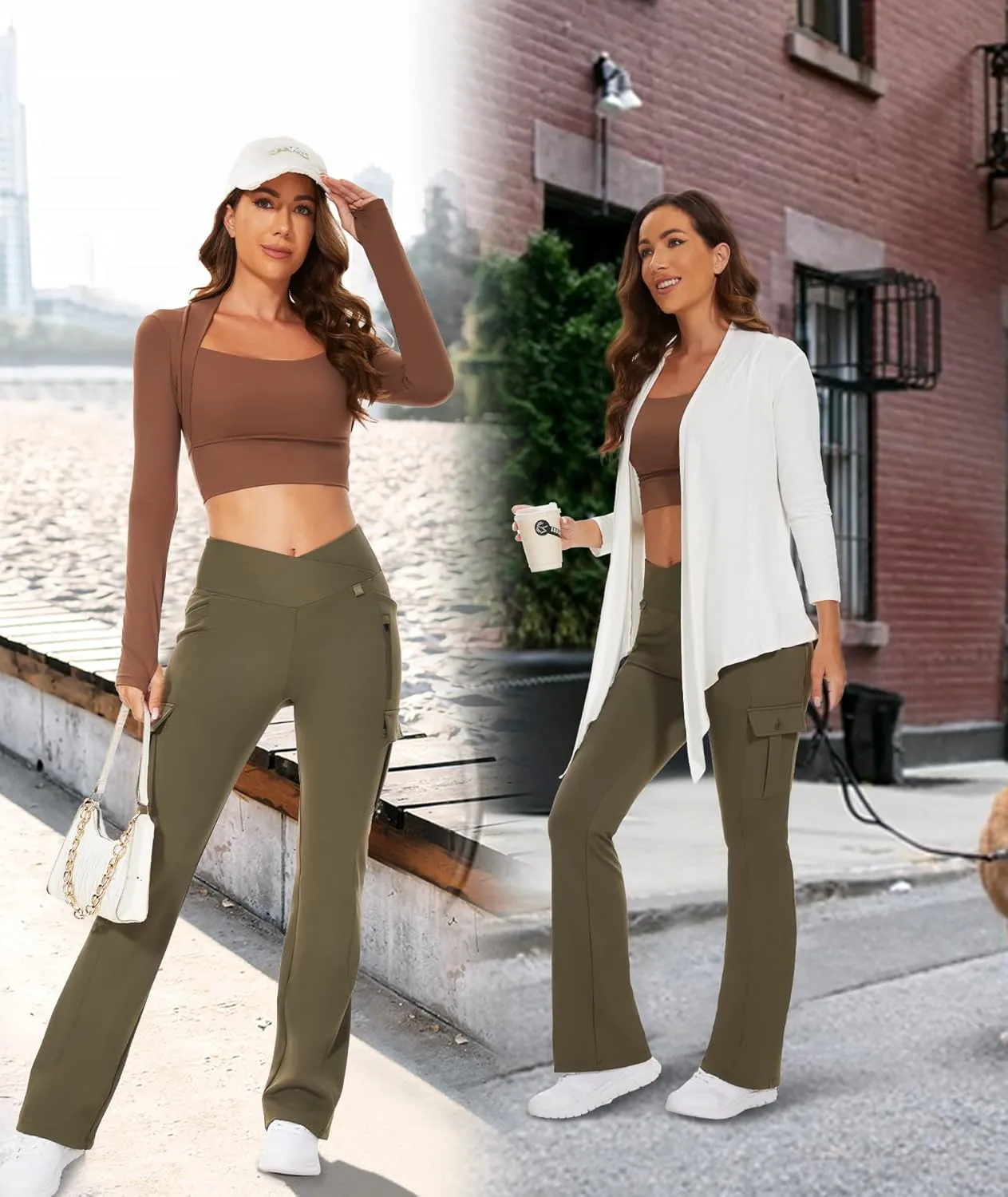 Flare Leggings for Women Yoga Crossover High Waist Pants with Tummy Control Workout Cargo with 5 Pockets Bootcut Leggings