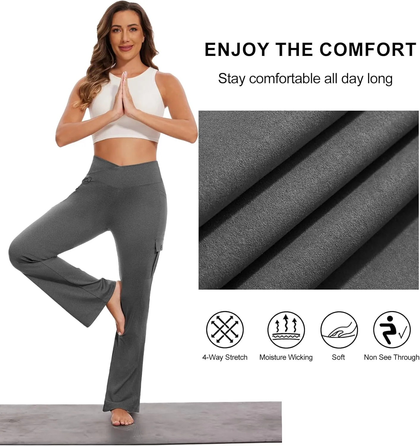 Flare Leggings for Women Yoga Crossover High Waist Pants with Tummy Control Workout Cargo with 5 Pockets Bootcut Leggings