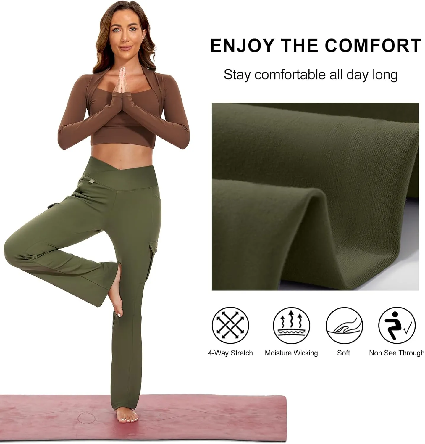 Flare Leggings for Women Yoga Crossover High Waist Pants with Tummy Control Workout Cargo with 5 Pockets Bootcut Leggings
