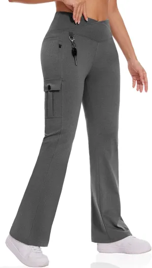 Flare Leggings for Women Yoga Crossover High Waist Pants with Tummy Control Workout Cargo with 5 Pockets Bootcut Leggings