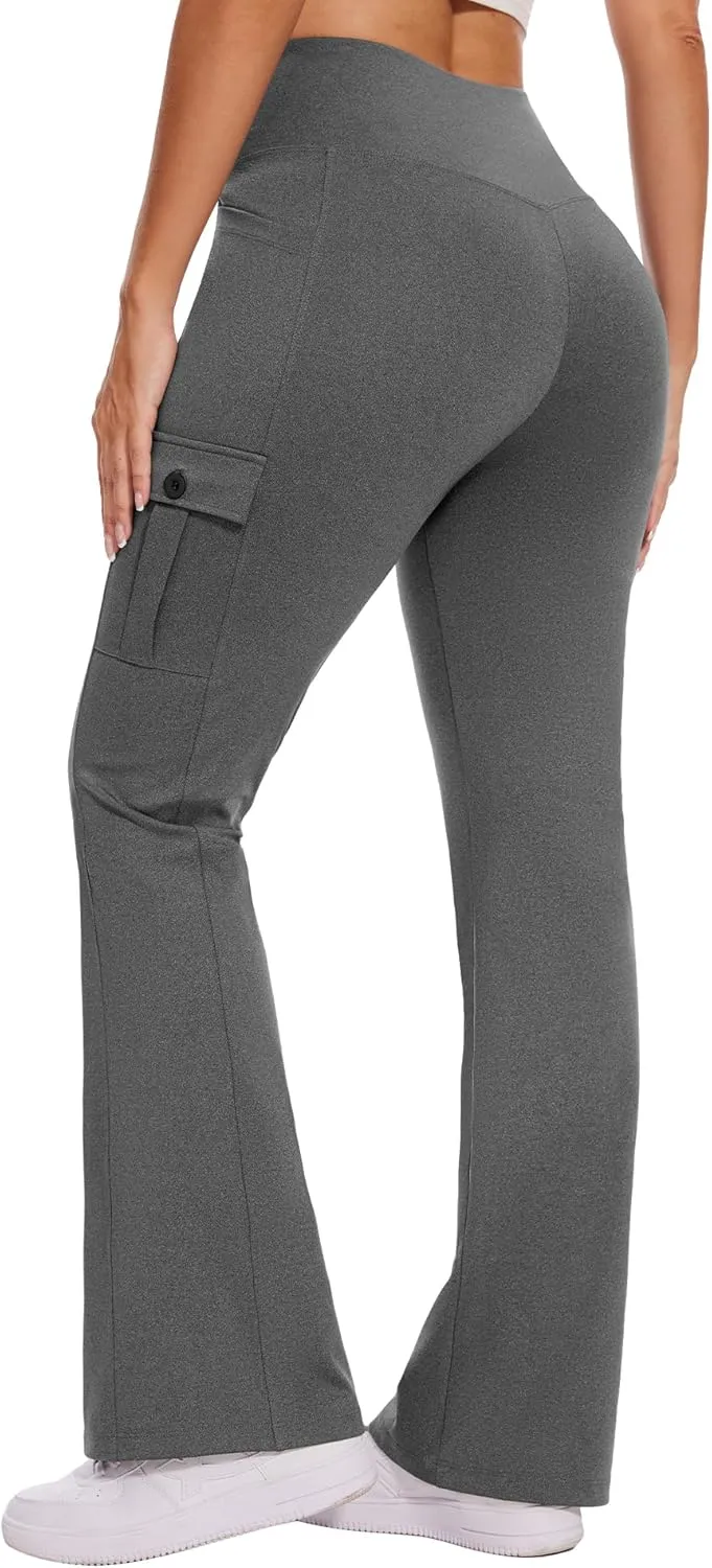 Flare Leggings for Women Yoga Crossover High Waist Pants with Tummy Control Workout Cargo with 5 Pockets Bootcut Leggings