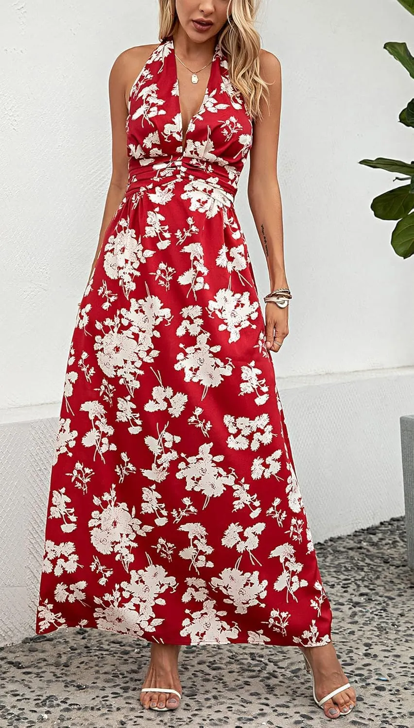Floral Dress for Women Halter Neck Sleeveless 2025 Summer Sundress Swing Beach Long Maxi Dress Casual Flowy Ladies Outfits