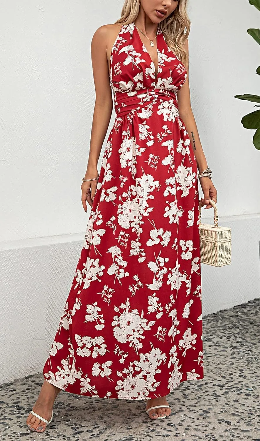 Floral Dress for Women Halter Neck Sleeveless 2025 Summer Sundress Swing Beach Long Maxi Dress Casual Flowy Ladies Outfits