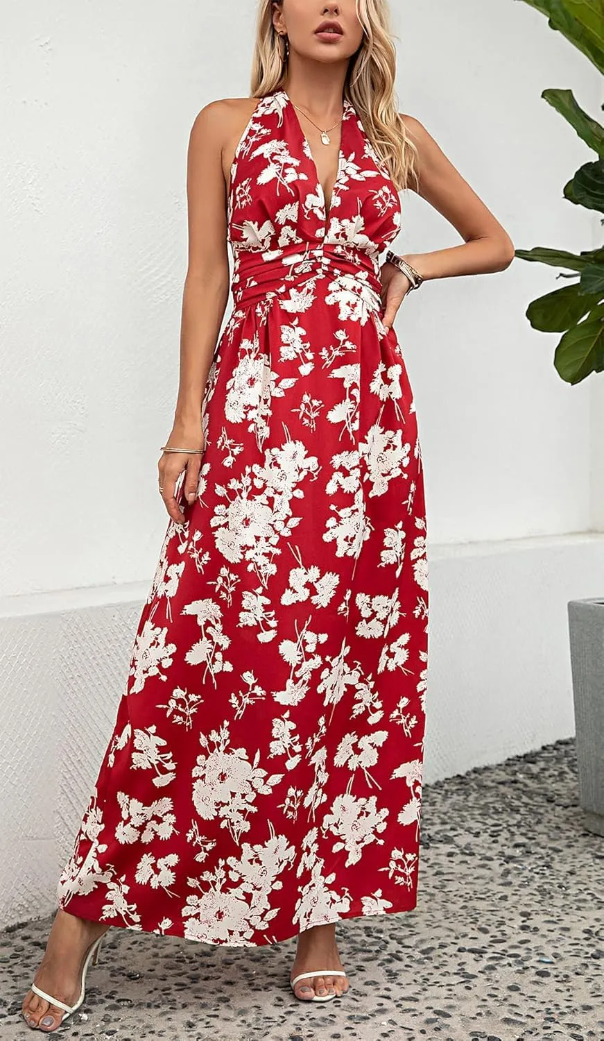 Floral Dress for Women Halter Neck Sleeveless 2025 Summer Sundress Swing Beach Long Maxi Dress Casual Flowy Ladies Outfits
