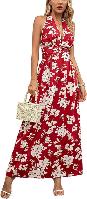 Floral Dress for Women Halter Neck Sleeveless 2025 Summer Sundress Swing Beach Long Maxi Dress Casual Flowy Ladies Outfits