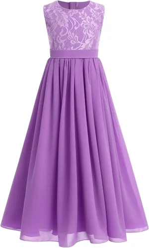 Flower Girl Dresses Junior Wedding Bridesmaid Prom Party Chiffon Floral Lace Flowy Maxi Princess Pageant Long Communion Gown