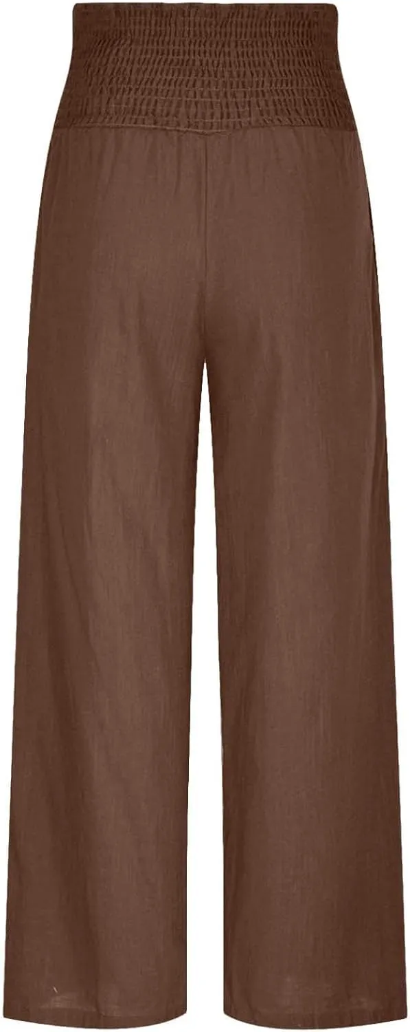 Flowy Linen Beach Pants for Women Wide Leg Pants Loose Baggy Slacks Summer Cotton High Waist Trouser with Pockets