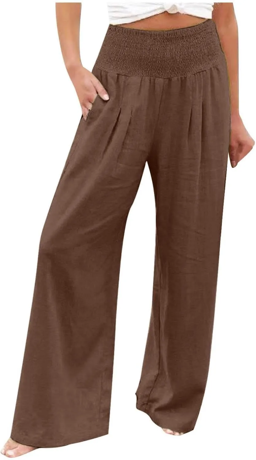 Flowy Linen Beach Pants for Women Wide Leg Pants Loose Baggy Slacks Summer Cotton High Waist Trouser with Pockets