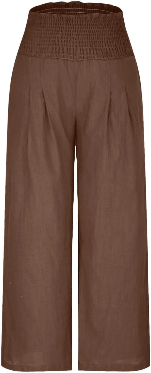 Flowy Linen Beach Pants for Women Wide Leg Pants Loose Baggy Slacks Summer Cotton High Waist Trouser with Pockets