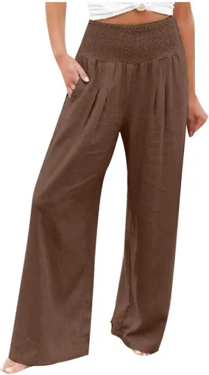 Flowy Linen Beach Pants for Women Wide Leg Pants Loose Baggy Slacks Summer Cotton High Waist Trouser with Pockets