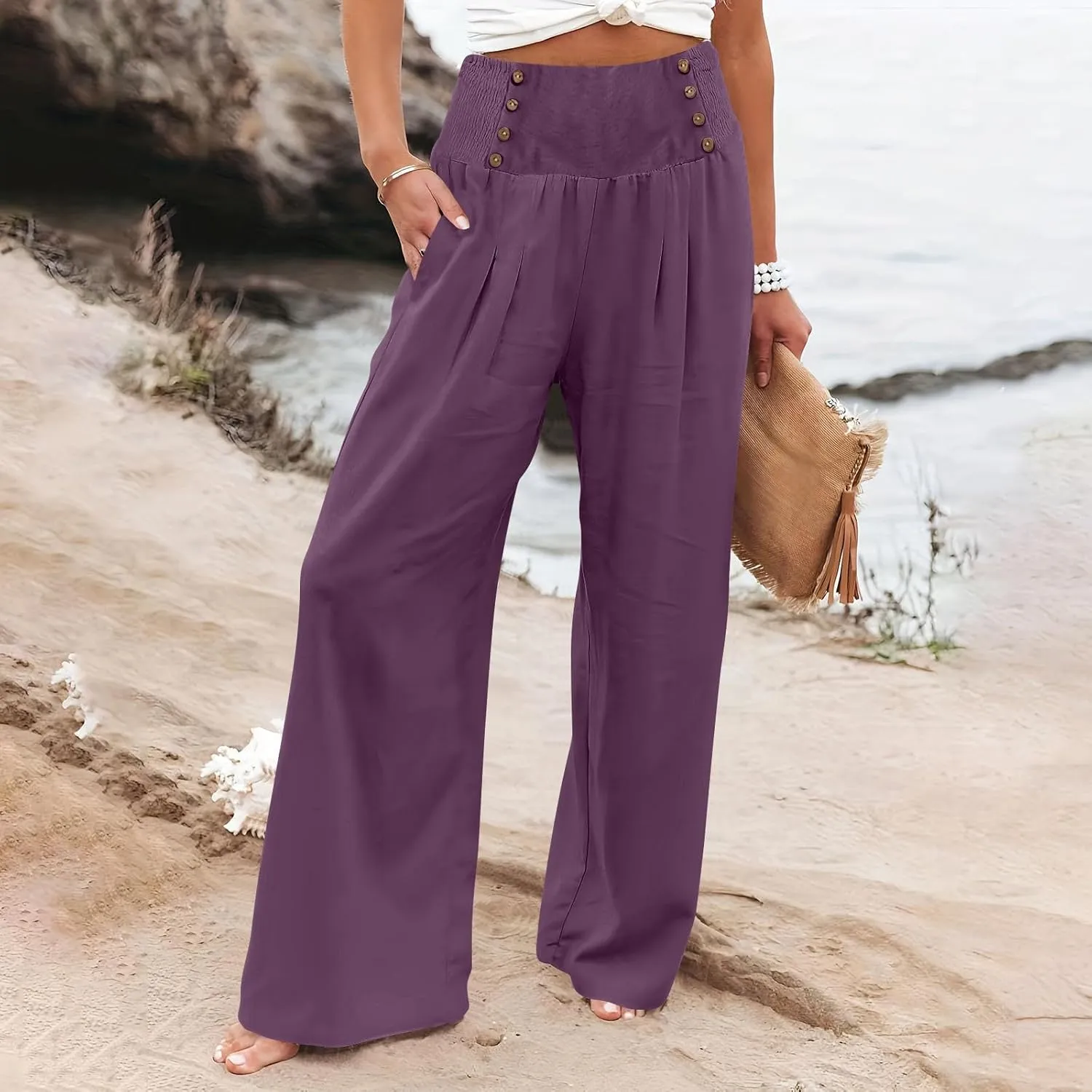 Flowy Pants for Women Wide Leg Beach Trousers Casual Summer Loose Fit Cotton Linen Yoga Palazzo Pants with Pockets
