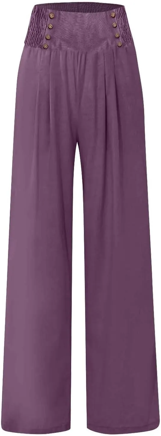 Flowy Pants for Women Wide Leg Beach Trousers Casual Summer Loose Fit Cotton Linen Yoga Palazzo Pants with Pockets