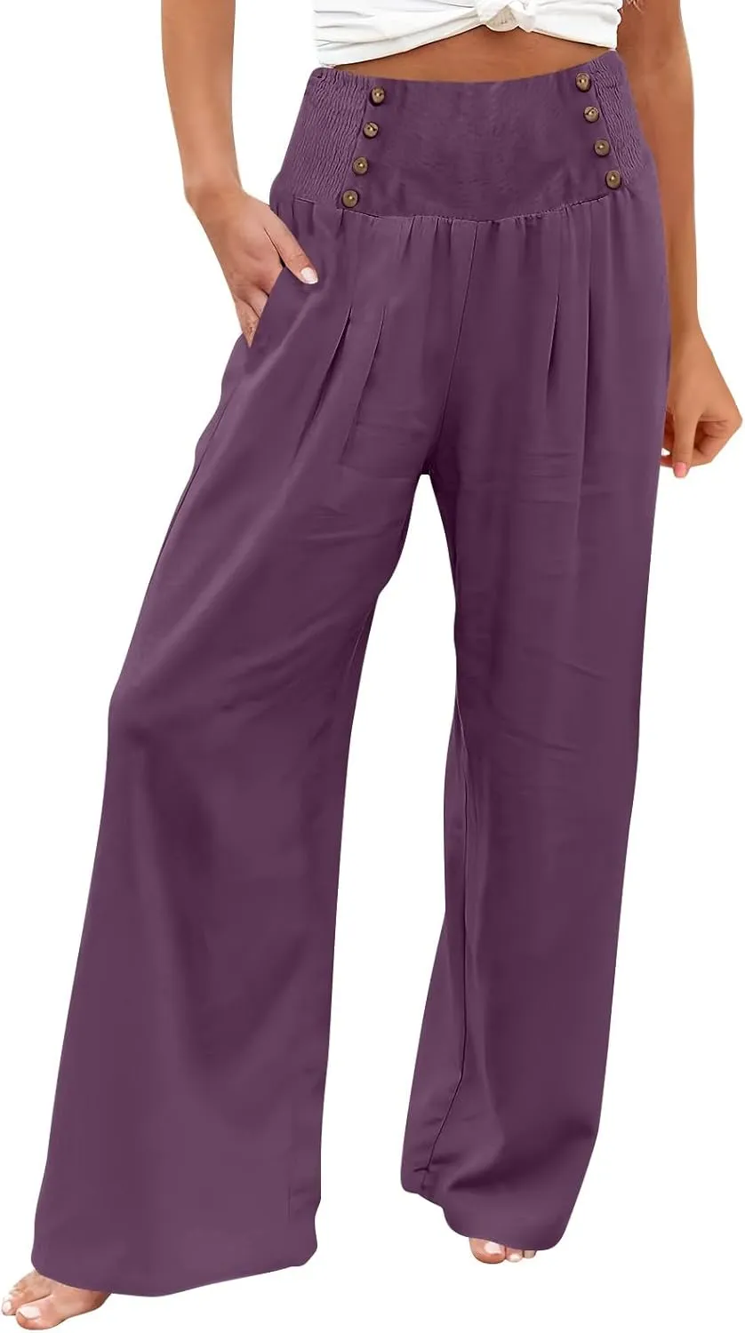 Flowy Pants for Women Wide Leg Beach Trousers Casual Summer Loose Fit Cotton Linen Yoga Palazzo Pants with Pockets