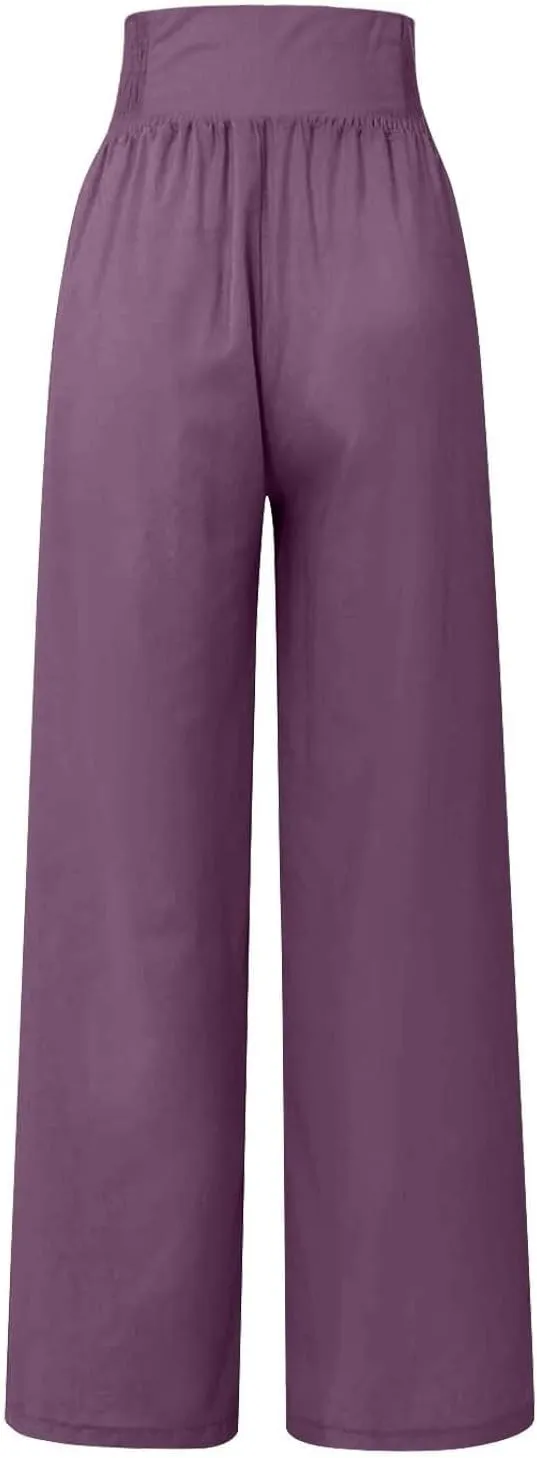 Flowy Pants for Women Wide Leg Beach Trousers Casual Summer Loose Fit Cotton Linen Yoga Palazzo Pants with Pockets