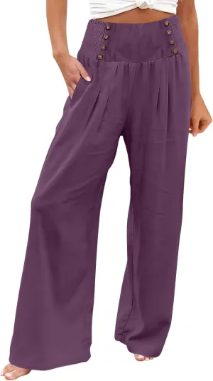 Flowy Pants for Women Wide Leg Beach Trousers Casual Summer Loose Fit Cotton Linen Yoga Palazzo Pants with Pockets