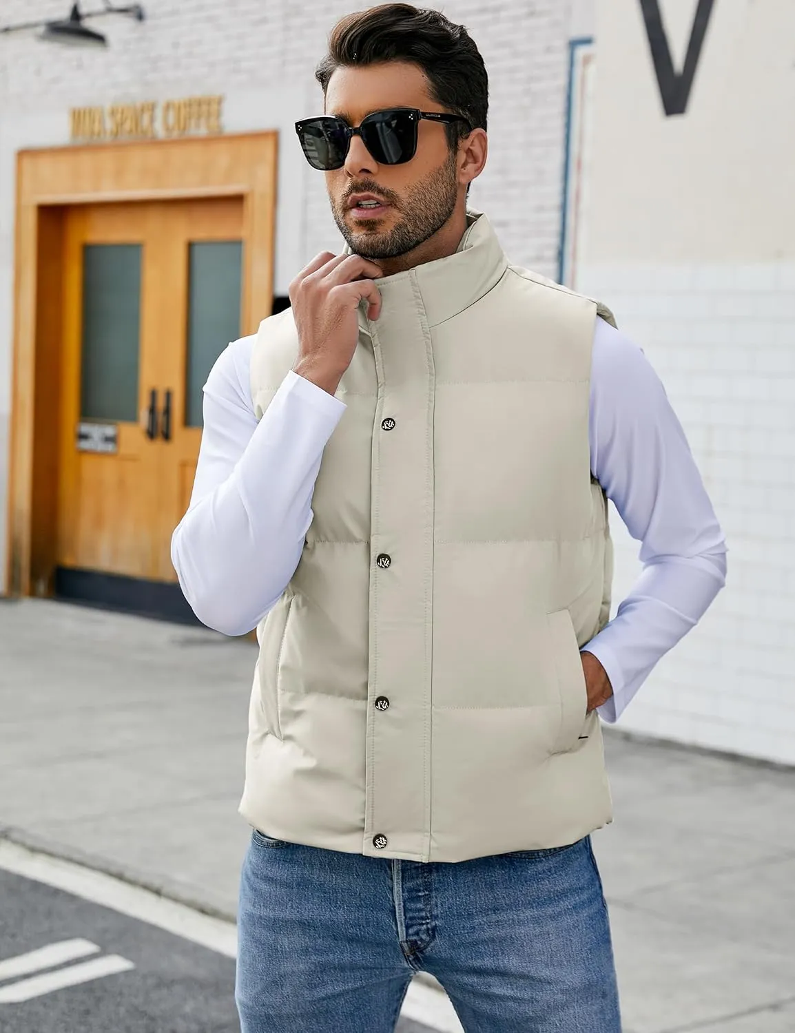Flygo Mens Puffer Vest Winter Padded Vests Lightweight Stand Collar Sleeveless Jacket Outerwear