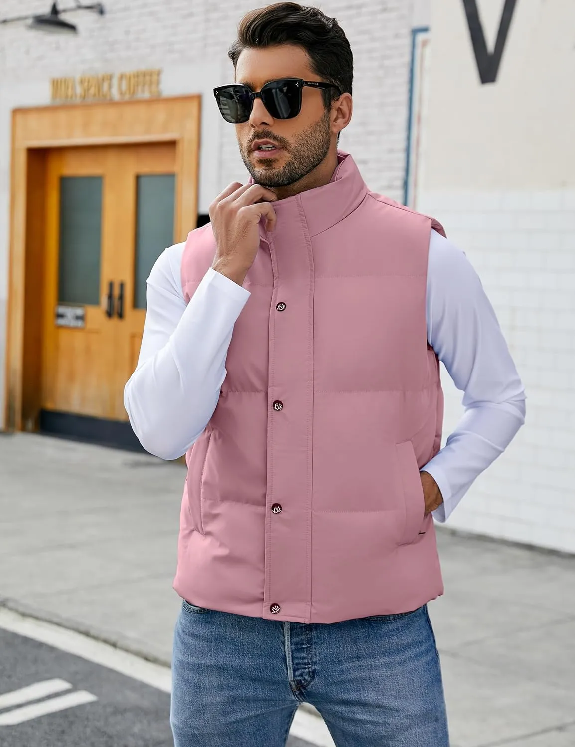Flygo Mens Puffer Vest Winter Padded Vests Lightweight Stand Collar Sleeveless Jacket Outerwear