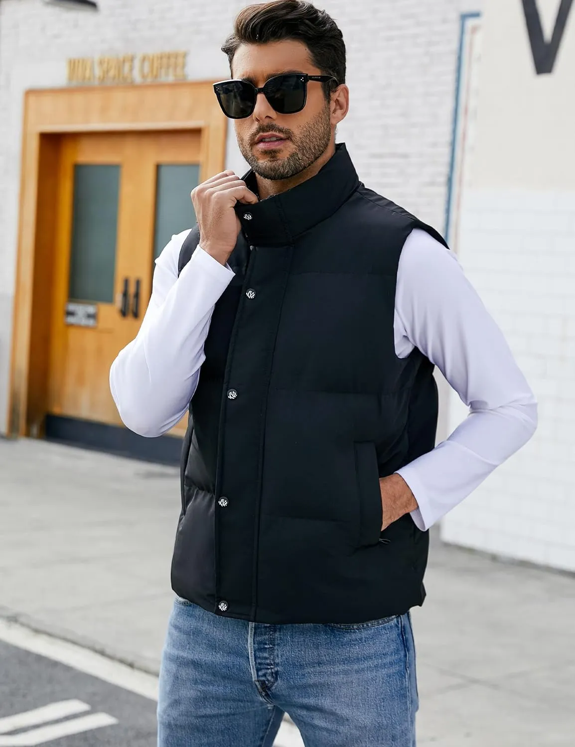 Flygo Mens Puffer Vest Winter Padded Vests Lightweight Stand Collar Sleeveless Jacket Outerwear