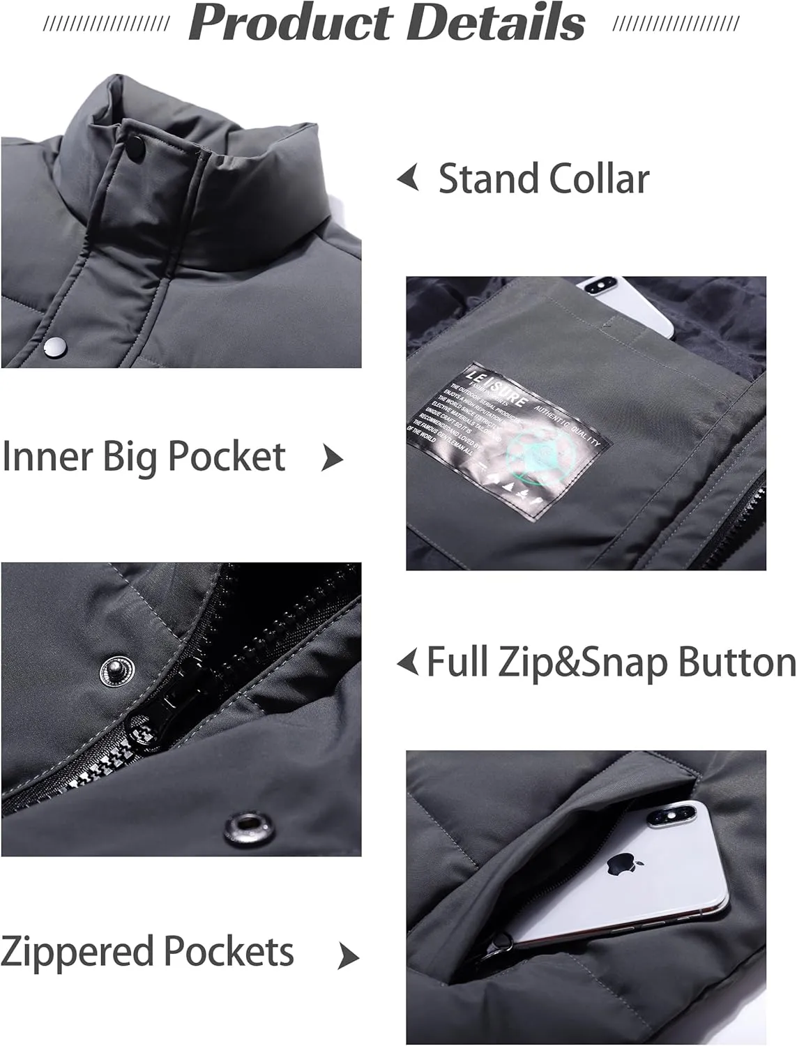Flygo Mens Puffer Vest Winter Padded Vests Lightweight Stand Collar Sleeveless Jacket Outerwear