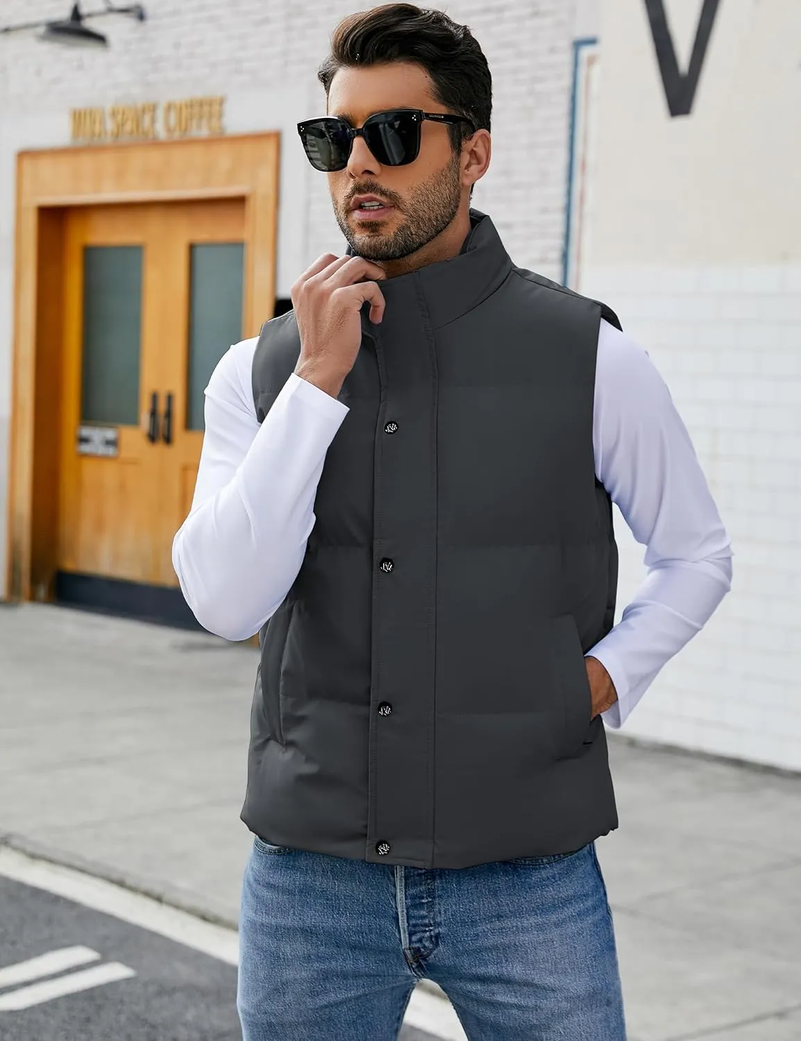 Flygo Mens Puffer Vest Winter Padded Vests Lightweight Stand Collar Sleeveless Jacket Outerwear