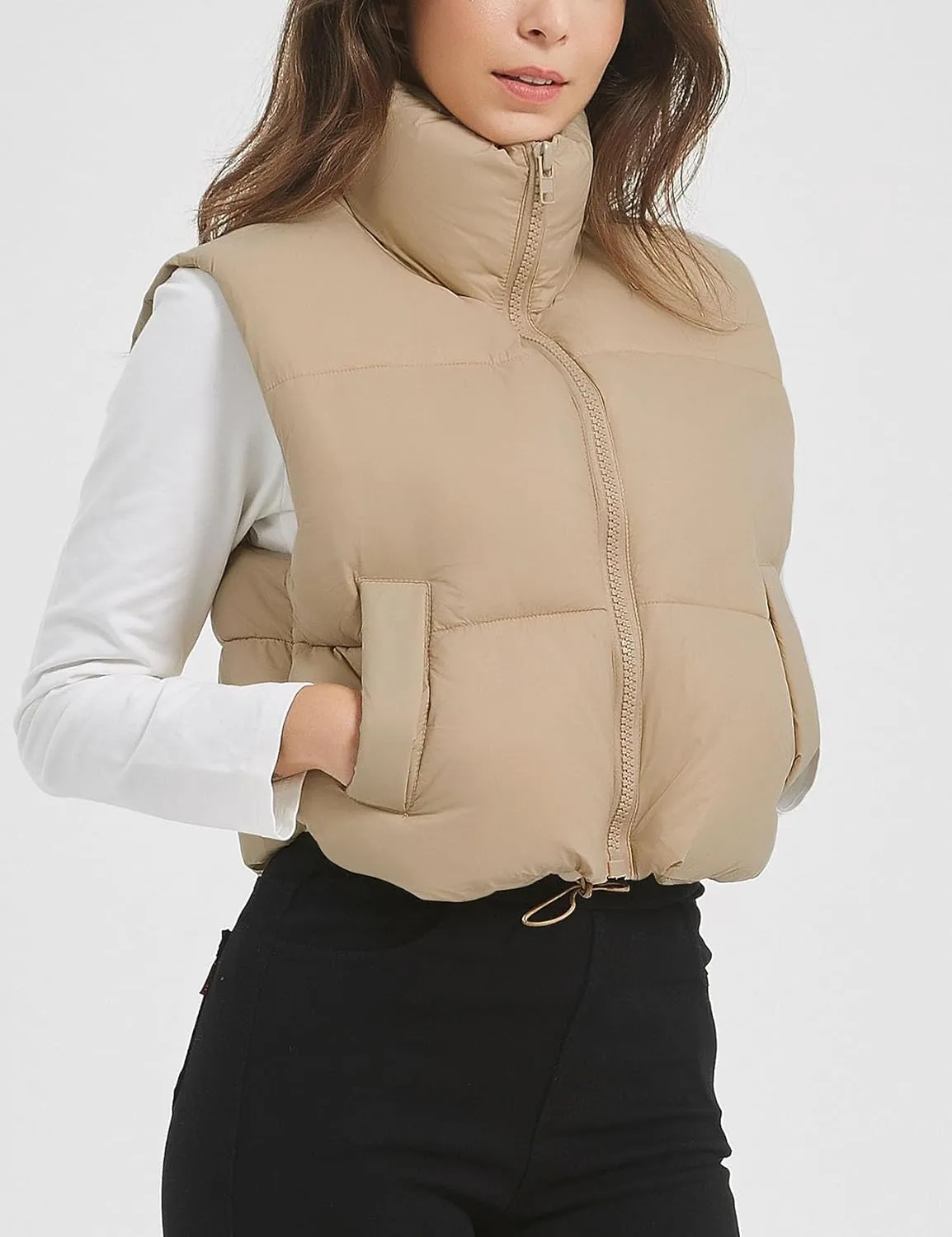 Flygo Puffer Vest Women Cropped Vest Zip Up Stand Collar Sleeveless Lightweight Winter Down Vests Jacket