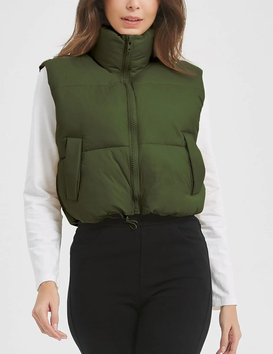 Flygo Puffer Vest Women Cropped Vest Zip Up Stand Collar Sleeveless Lightweight Winter Down Vests Jacket