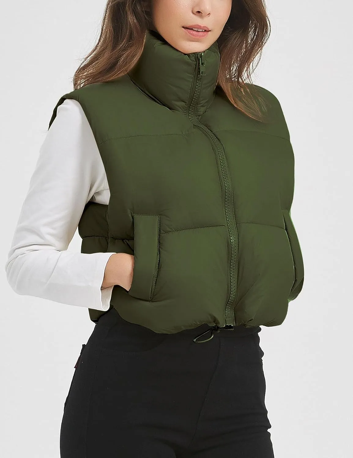 Flygo Puffer Vest Women Cropped Vest Zip Up Stand Collar Sleeveless Lightweight Winter Down Vests Jacket