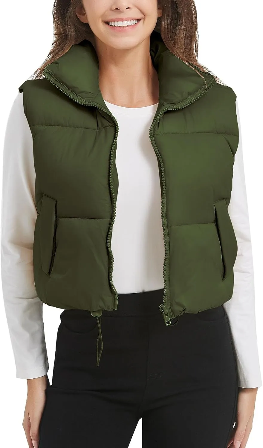 Flygo Puffer Vest Women Cropped Vest Zip Up Stand Collar Sleeveless Lightweight Winter Down Vests Jacket