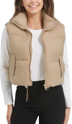 Flygo Puffer Vest Women Cropped Vest Zip Up Stand Collar Sleeveless Lightweight Winter Down Vests Jacket