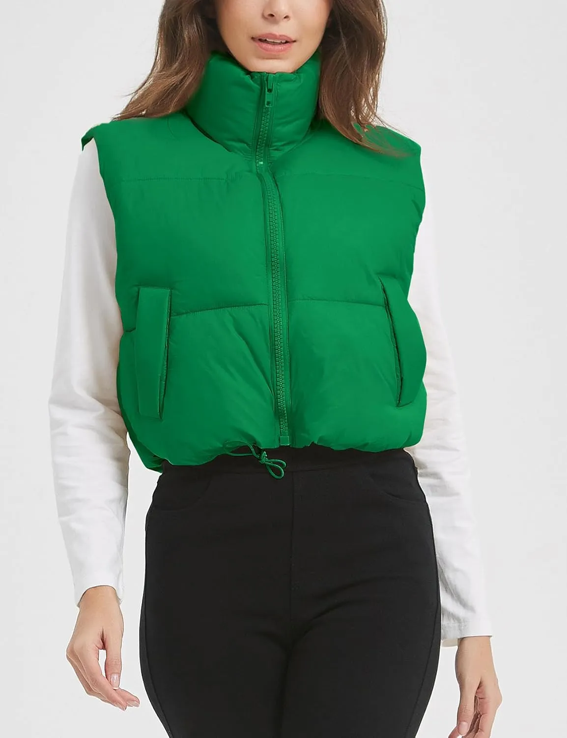 Flygo Puffer Vest Women Cropped Vest Zip Up Stand Collar Sleeveless Lightweight Winter Down Vests Jacket