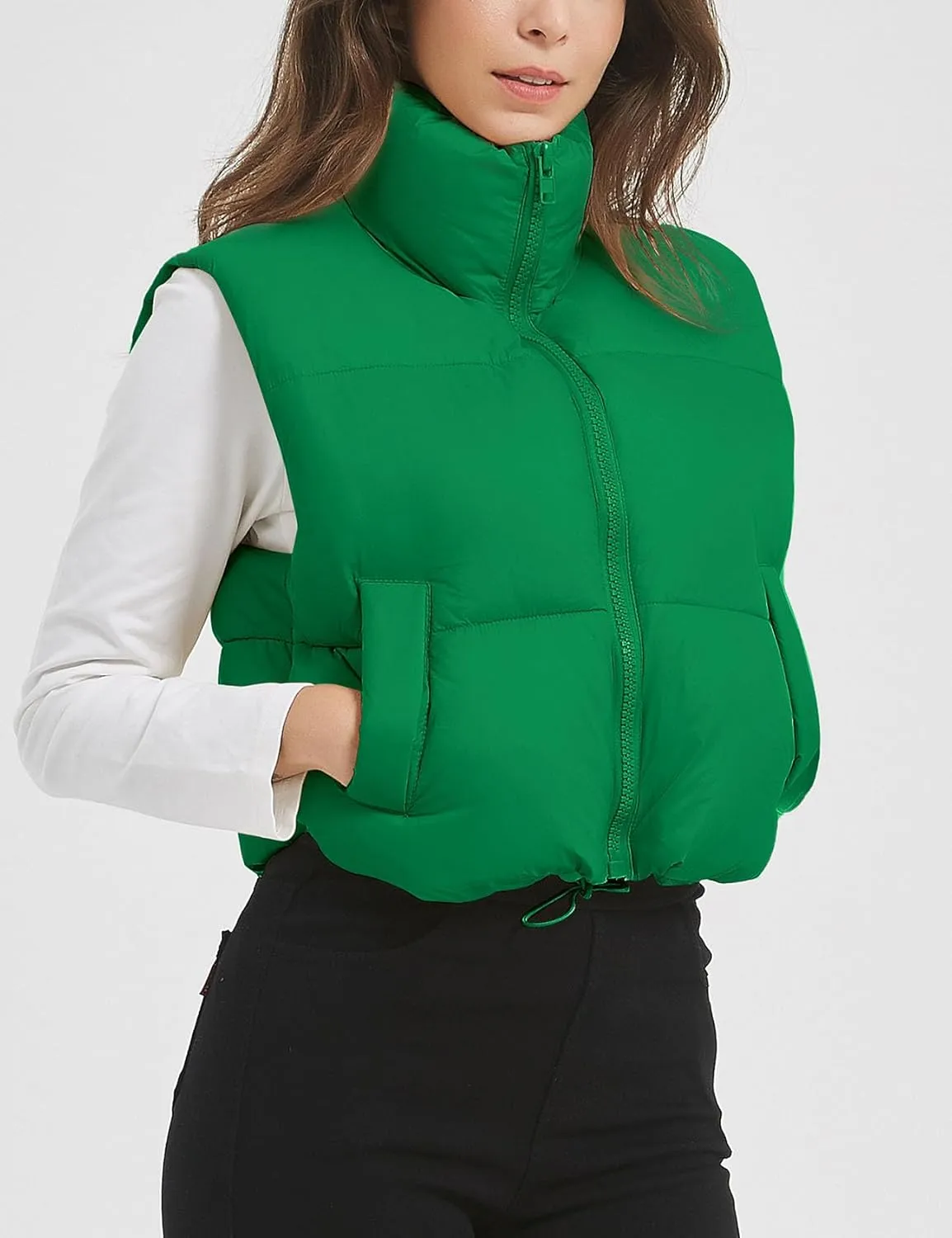 Flygo Puffer Vest Women Cropped Vest Zip Up Stand Collar Sleeveless Lightweight Winter Down Vests Jacket